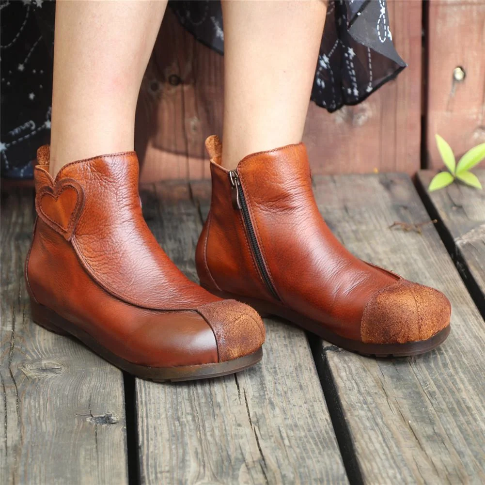 Womens Handmade Leather Short Boots Flat Ankle Boots Original Design Brown/Black