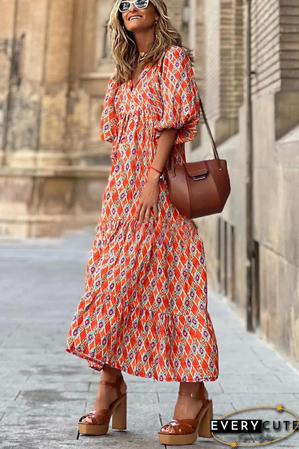 Ethnic Geometry Print Bubble Sleeve Maxi Dress