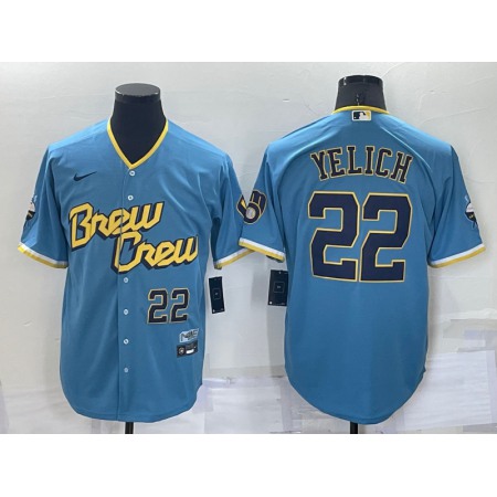 Men's Milwaukee Brewers #22 Christian Yelich 2022 Powder Blue City Connect Cool Base Stitched Jersey 6MK5