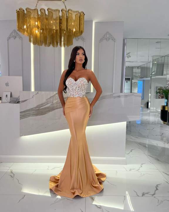 Oknass Stunning Gold Strapless Sleeveless Mermaid Long Prom Dress With Embroidery