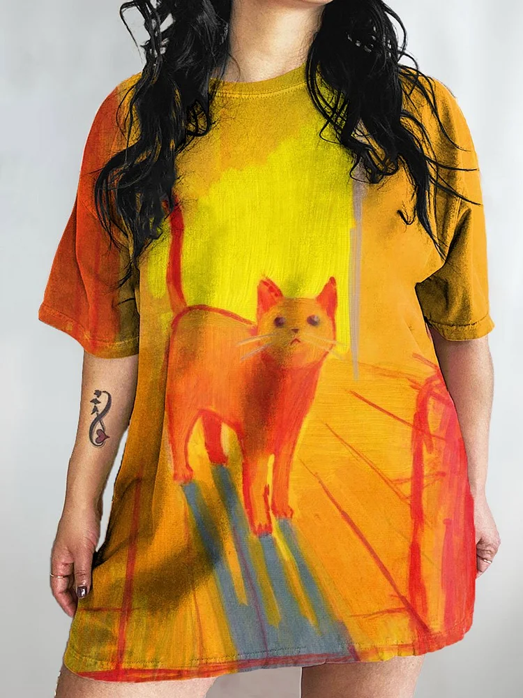 Women's Cat Art Print Crew Neck Causl Shirt