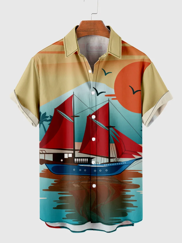 HOO Sailing at Sunset Printing Hawaiian Men's Short Sleeve Shirt