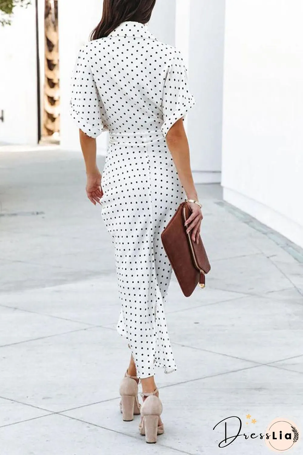 Polka Dot Tie Front Midi Shirt Dress