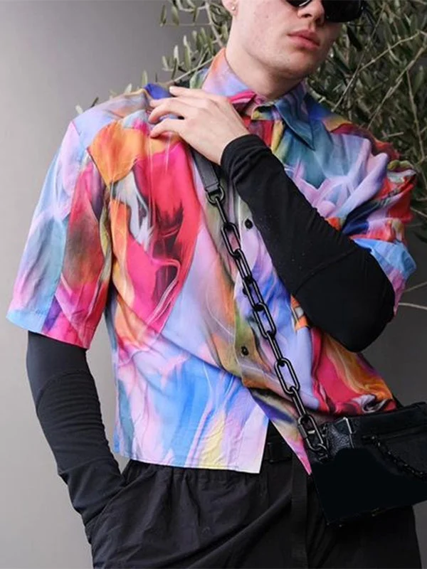 Aonga - Mens Tie Dye Lapel Short Sleeve Shirt