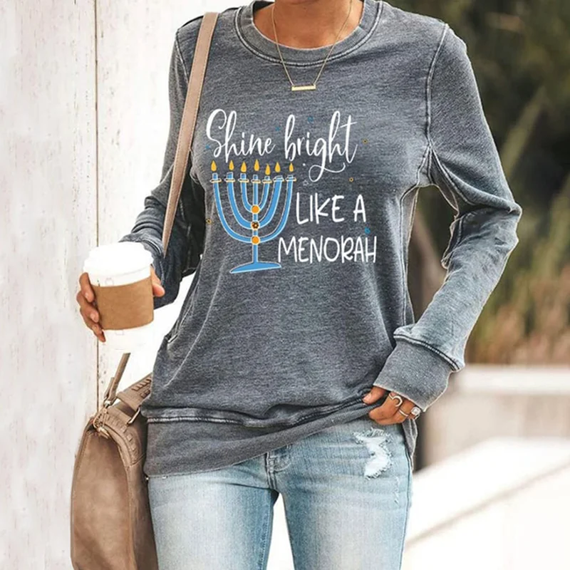 Women's Shine Bright Like A Menorah Hanukkah Print Sweatshirt