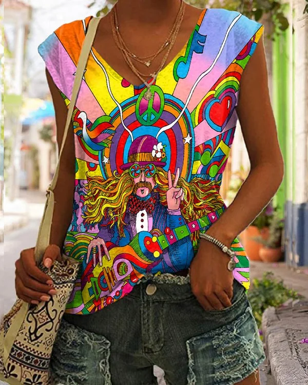 🔥kukelife🔥Hippie Music Print V-Neck Tank Top