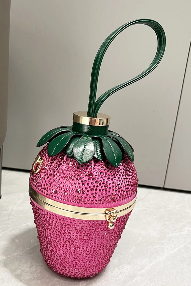 Strawberry Shape Rhinestone PU Leather Party Clutch Box Evening Bag