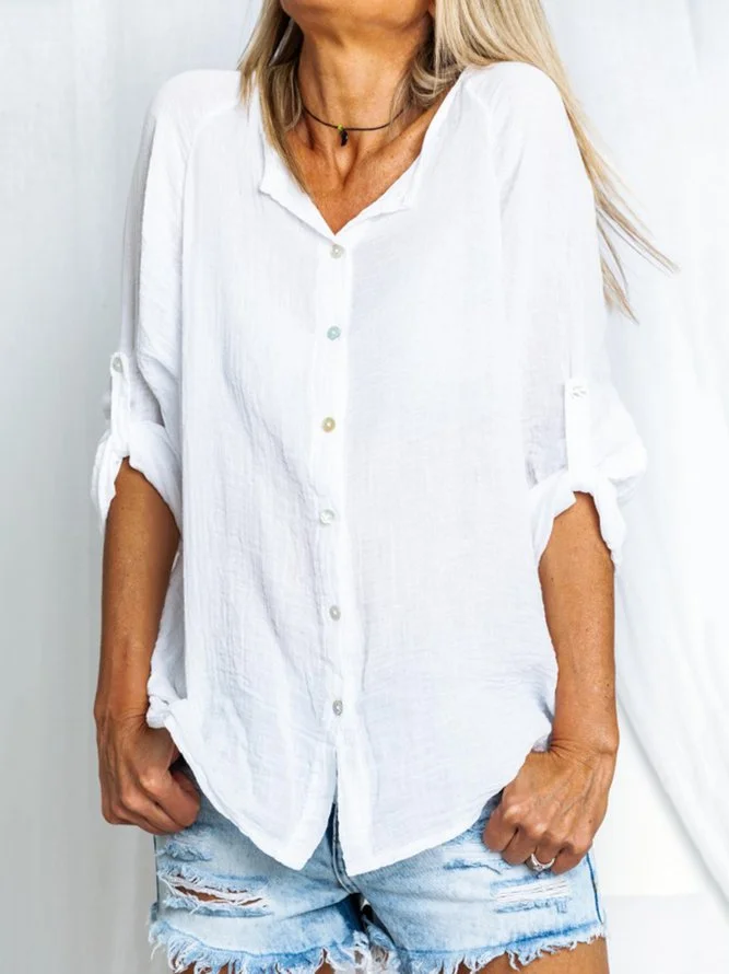 White Casual Linen Solid V Neck Shirts & Tops