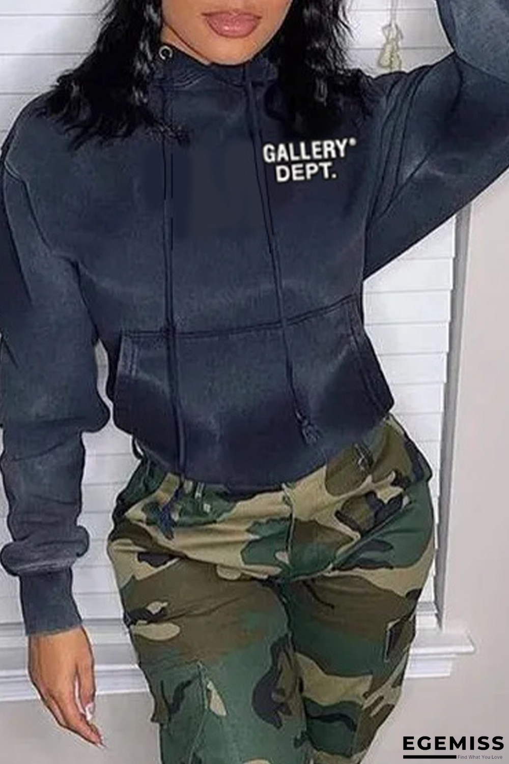 Black Casual Print Patchwork Hooded Collar Tops | EGEMISS