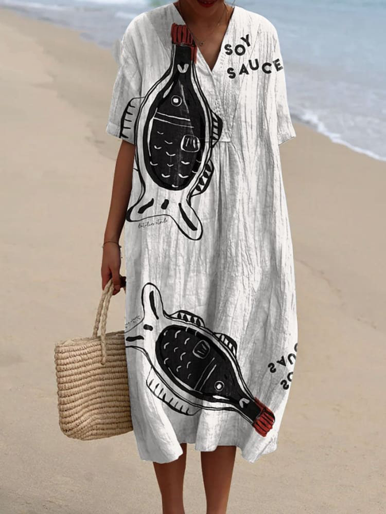 Women's Vintage Fish Art Print Flowy Dress