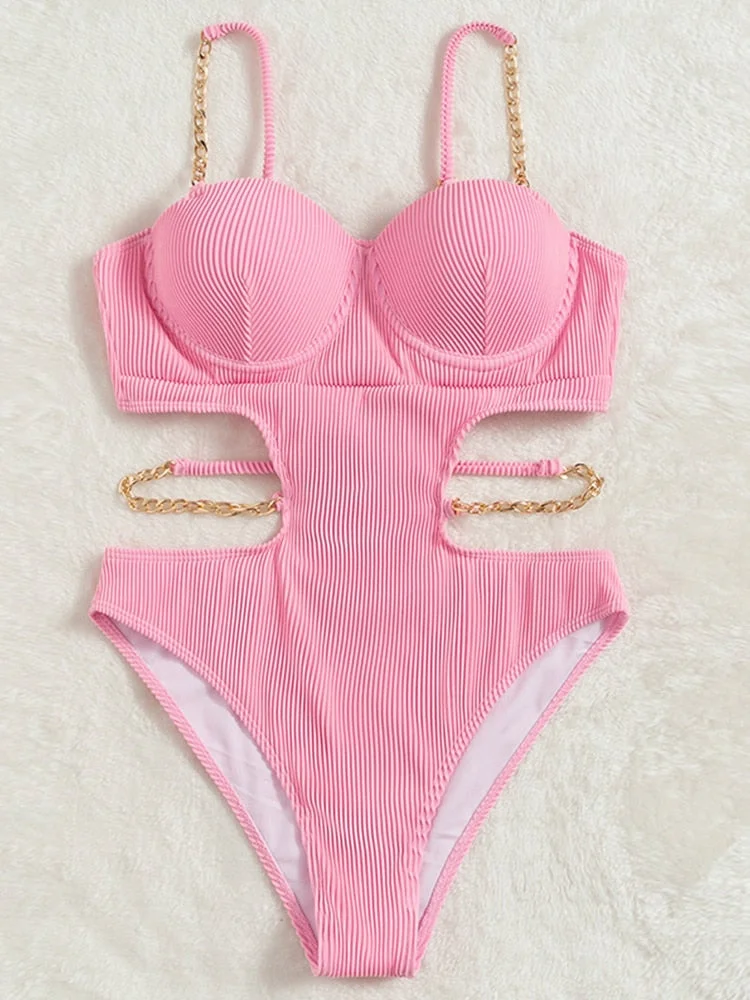 Peachtan Pink Striped One Piece Swimsuit Women High Cut Bathing Suit Push Up Swimwear biquinis feminino Traje De Baño Mujer 2022