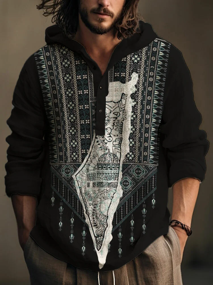 Men's Palestine Map Ethnic Pattern Linen Blend Hooded Shirt