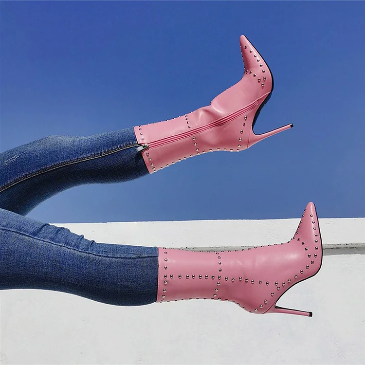 Pink Mid Calf Zipper Boots Vintage Pointed Stiletto Heels Studs Boots |FSJ Shoes