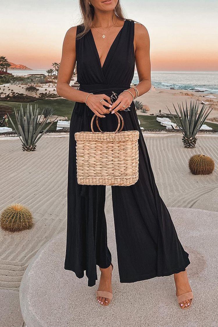 Casual Solid Backless V Neck Loose Jumpsuits - Life is Beautiful for You - SheChoic