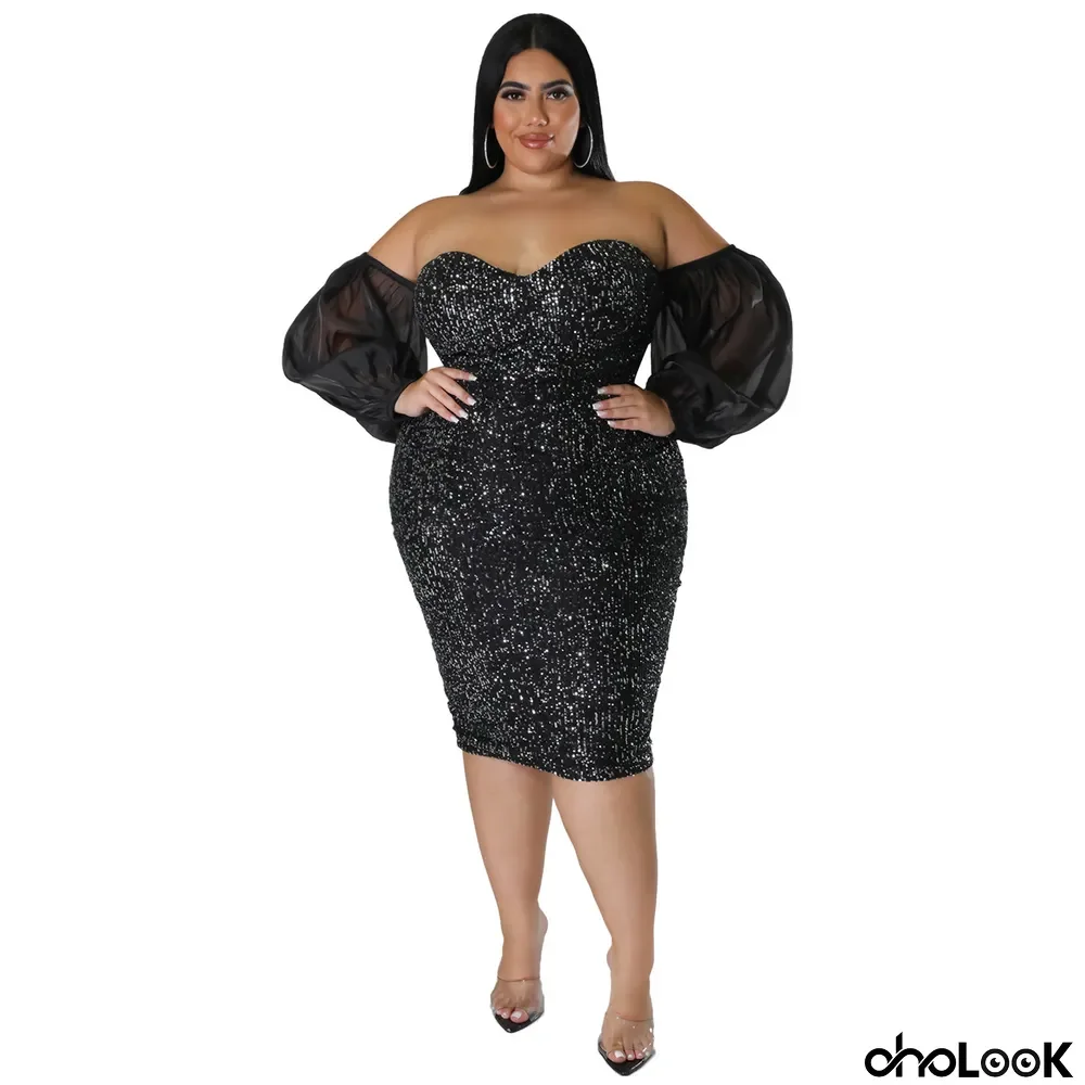 WomenSexy Sequins Strapless Mesh Bodycon Dress Evening Dress