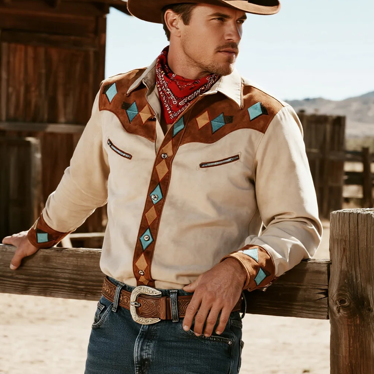 Retro Western Cowboy Style Contrast Color Suede Long Sleeve Top