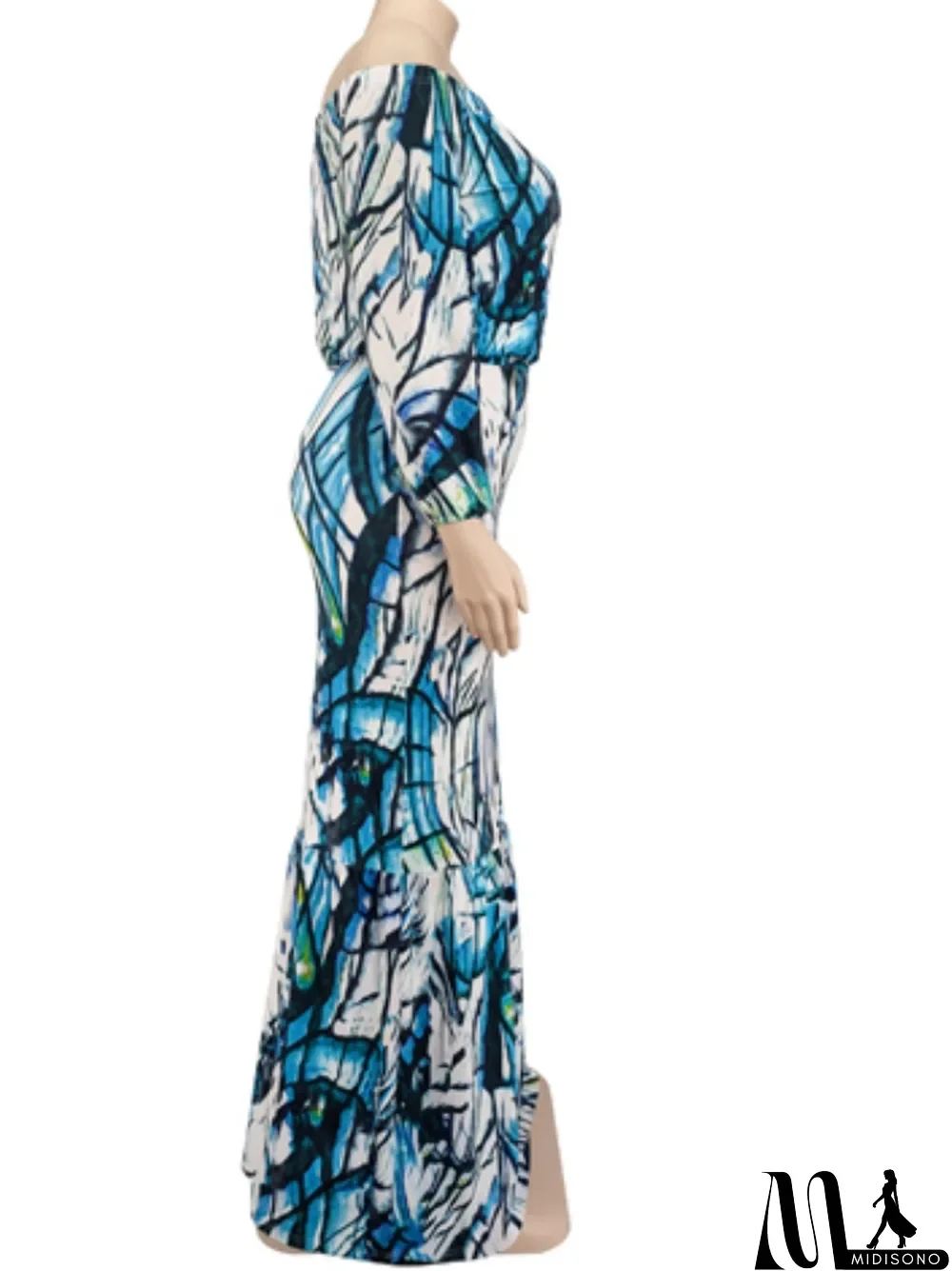 MidiSono - Autumn Plus Size Printed White Off Shoulder Puff Sleeve Long two piece skirt set