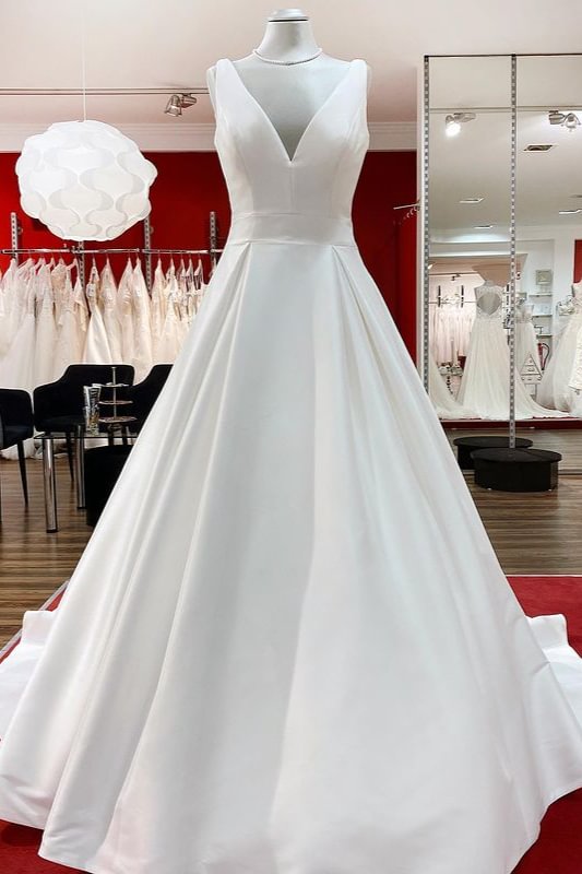 Fascinating A-line V-Neck Long Satin Open Back Wedding Dress With Ruffles | Ballbellas Ballbellas