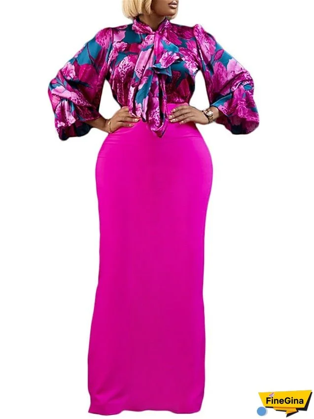 Work Dress Two Piece Dress Sheath Dress Long Dress Maxi Dress Pink Blue Fuchsia Long Sleeve Floral Lace up Winter Fall Spring Stand Collar Fashion S M L XL 2XL 3XL for Women