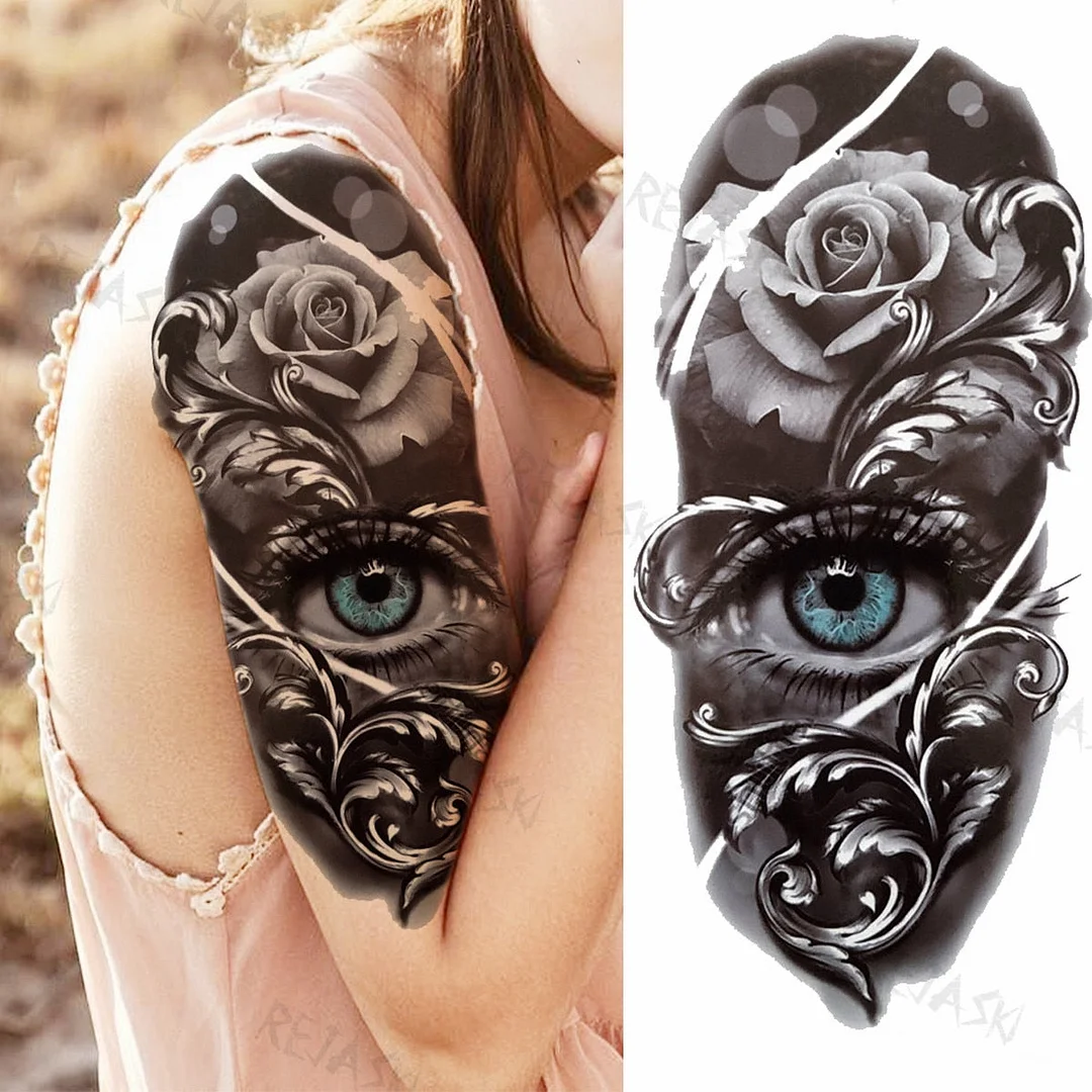 Big Compass Lion Temporary Tattoos For Men Foreearm Women Adults Wolf Tiger Skull Rose Owl Eye Fake Tattoo Sticker Tatoos