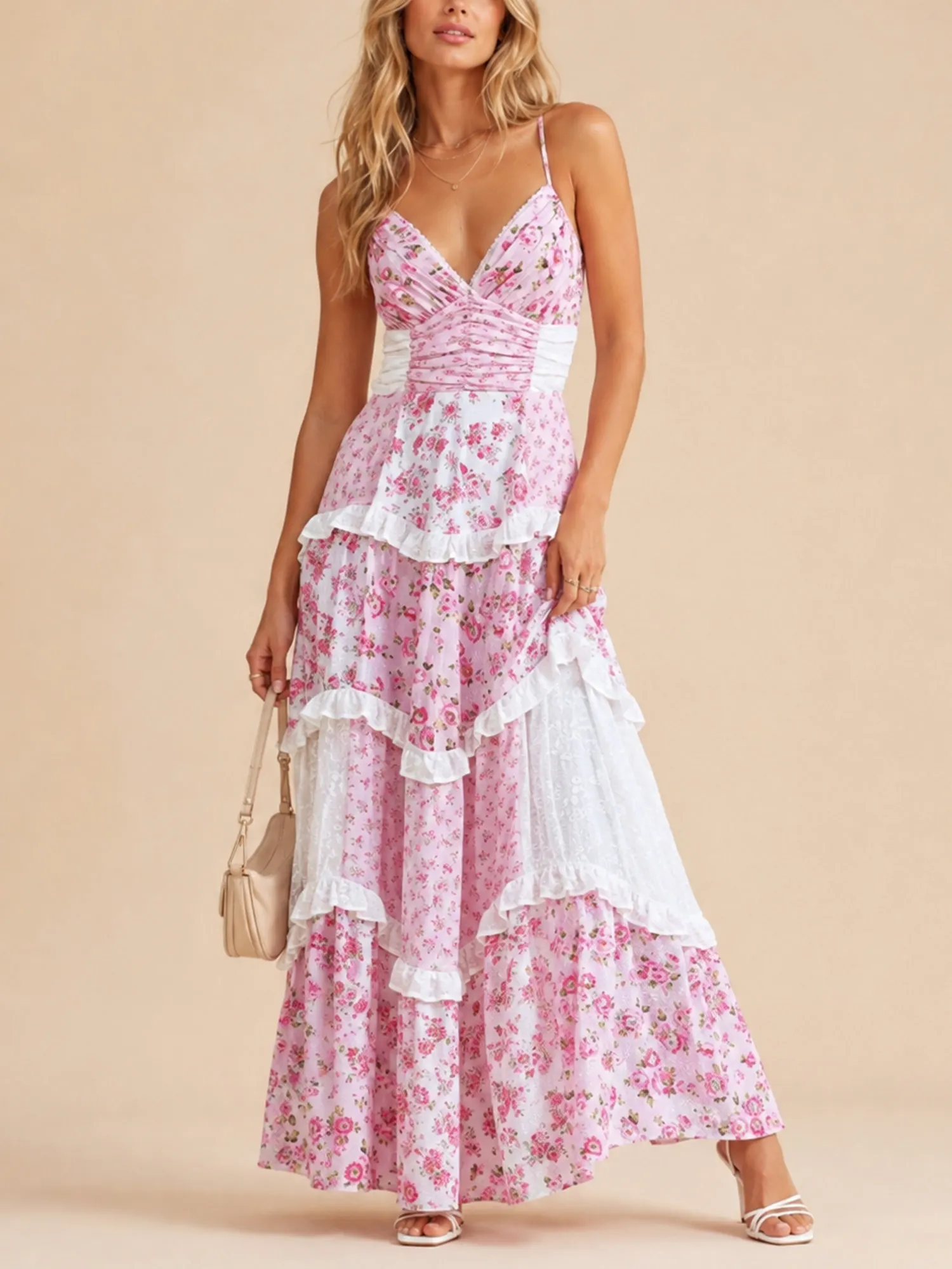 Perfect beach summer vacation outfit &mdash; Floral lace patchwork ruched V-neck chiffon multi-layered Maxi Dresses
