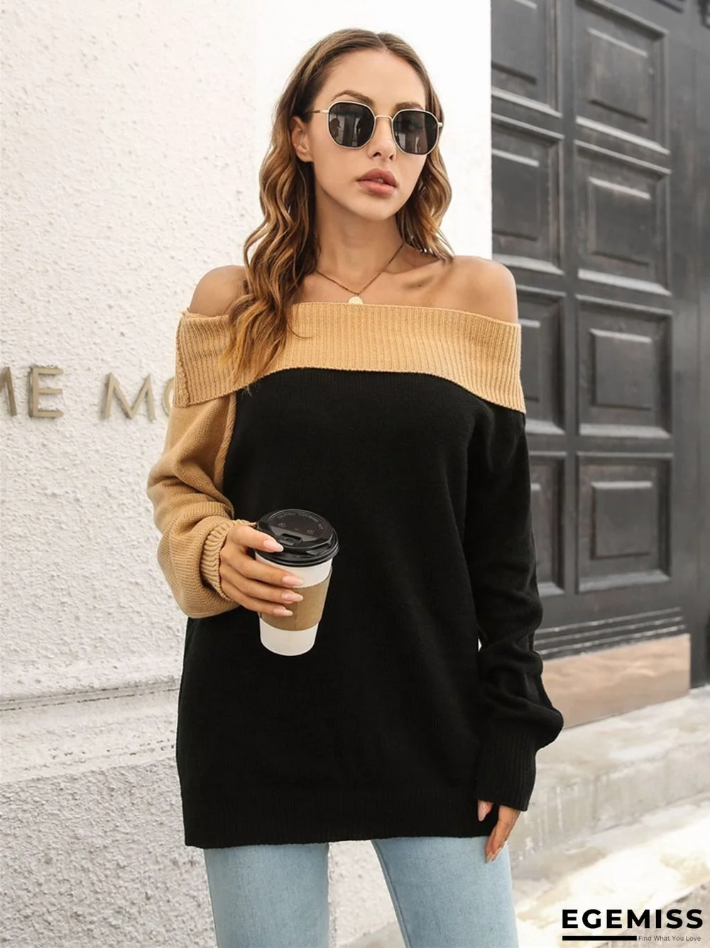 Design Sense of A Word Neck Loose Long Sleeve Knit Sweater | EGEMISS