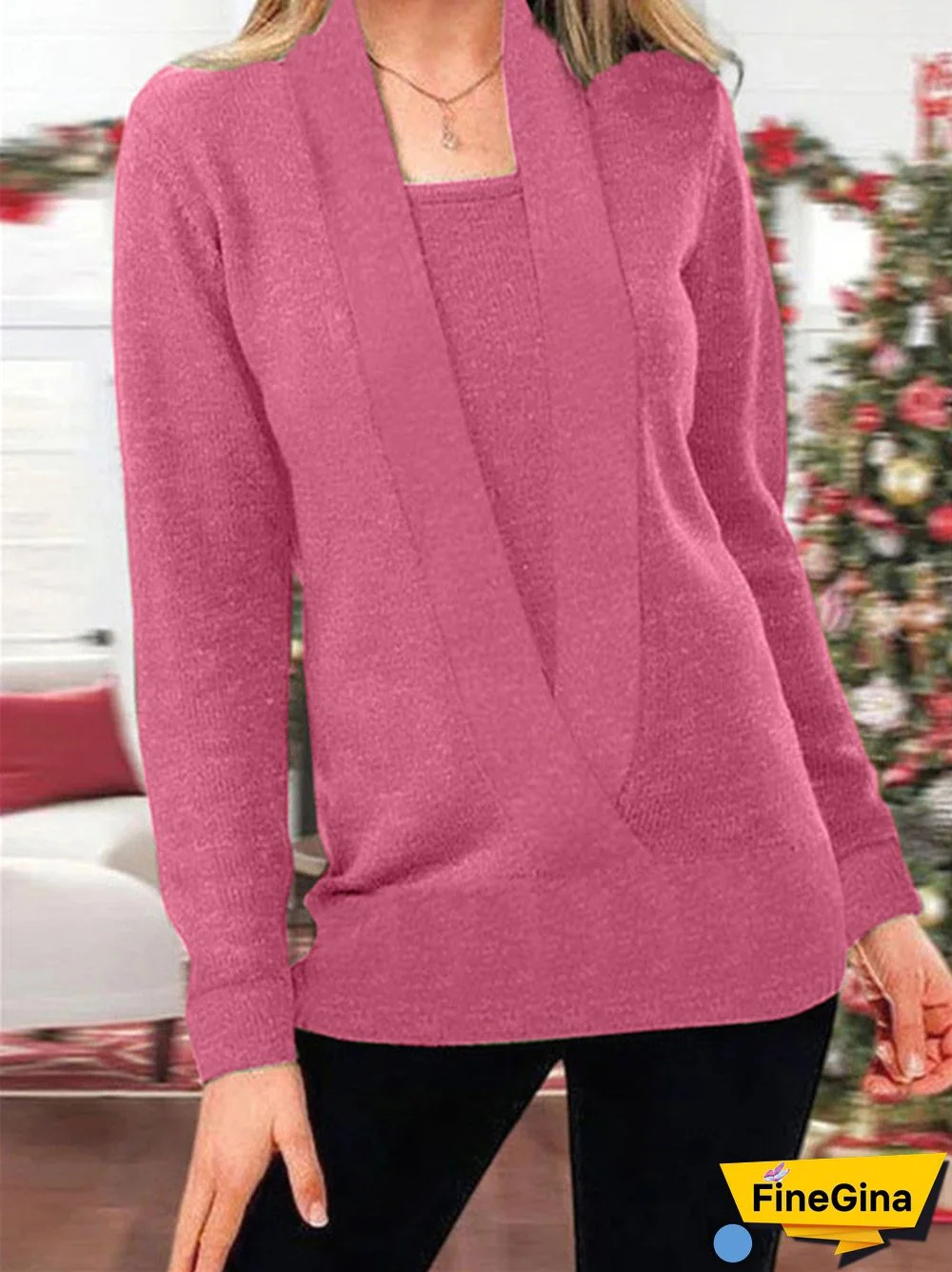 Women's Solid Color Square Collar Fake Two Long Sleeve Top