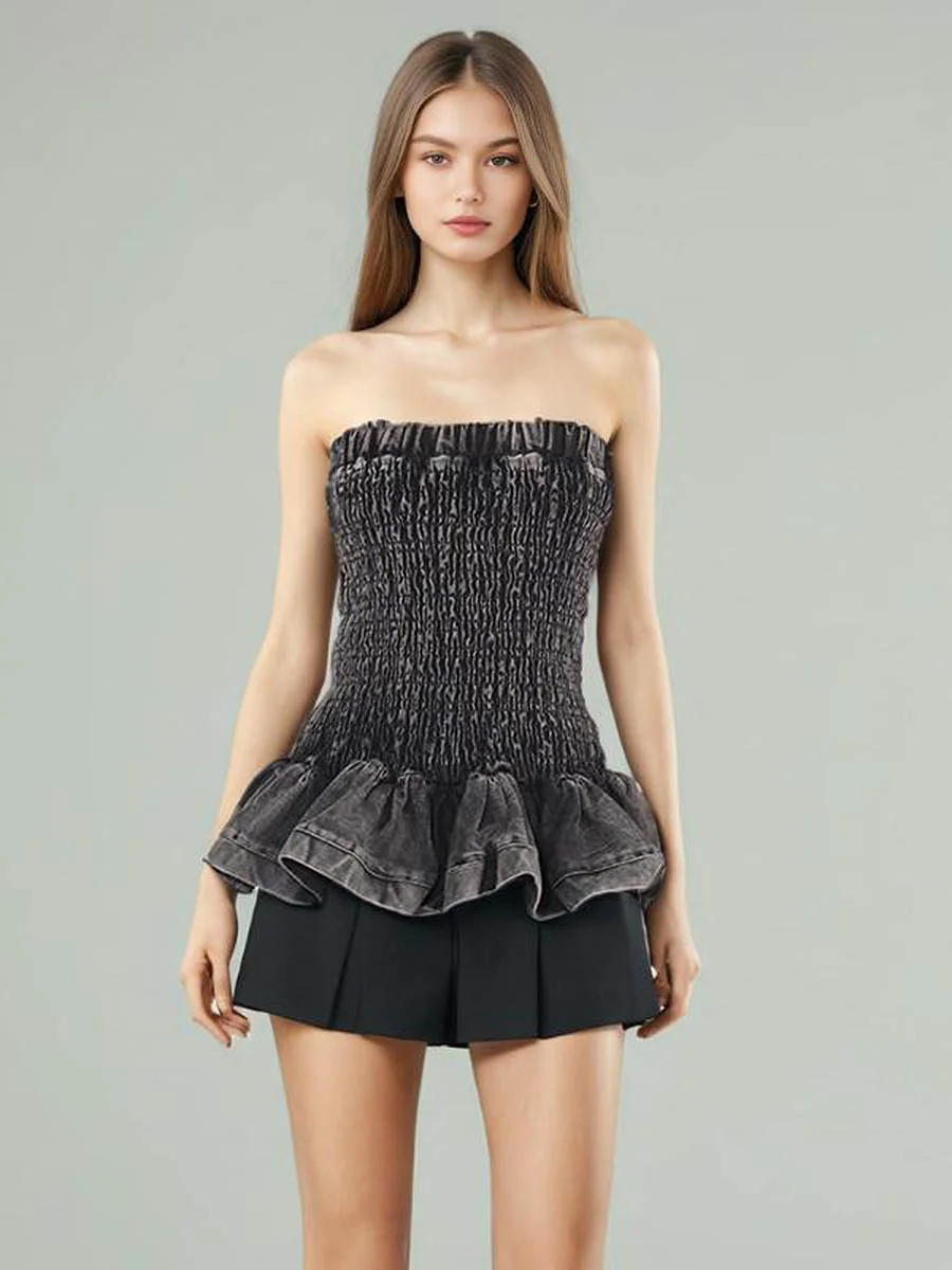 Athvotar Athvotar Hot Girl Wind 2024 Autumn New Wipe Breast Elastic Design Slim Denim Flounce Short Dress