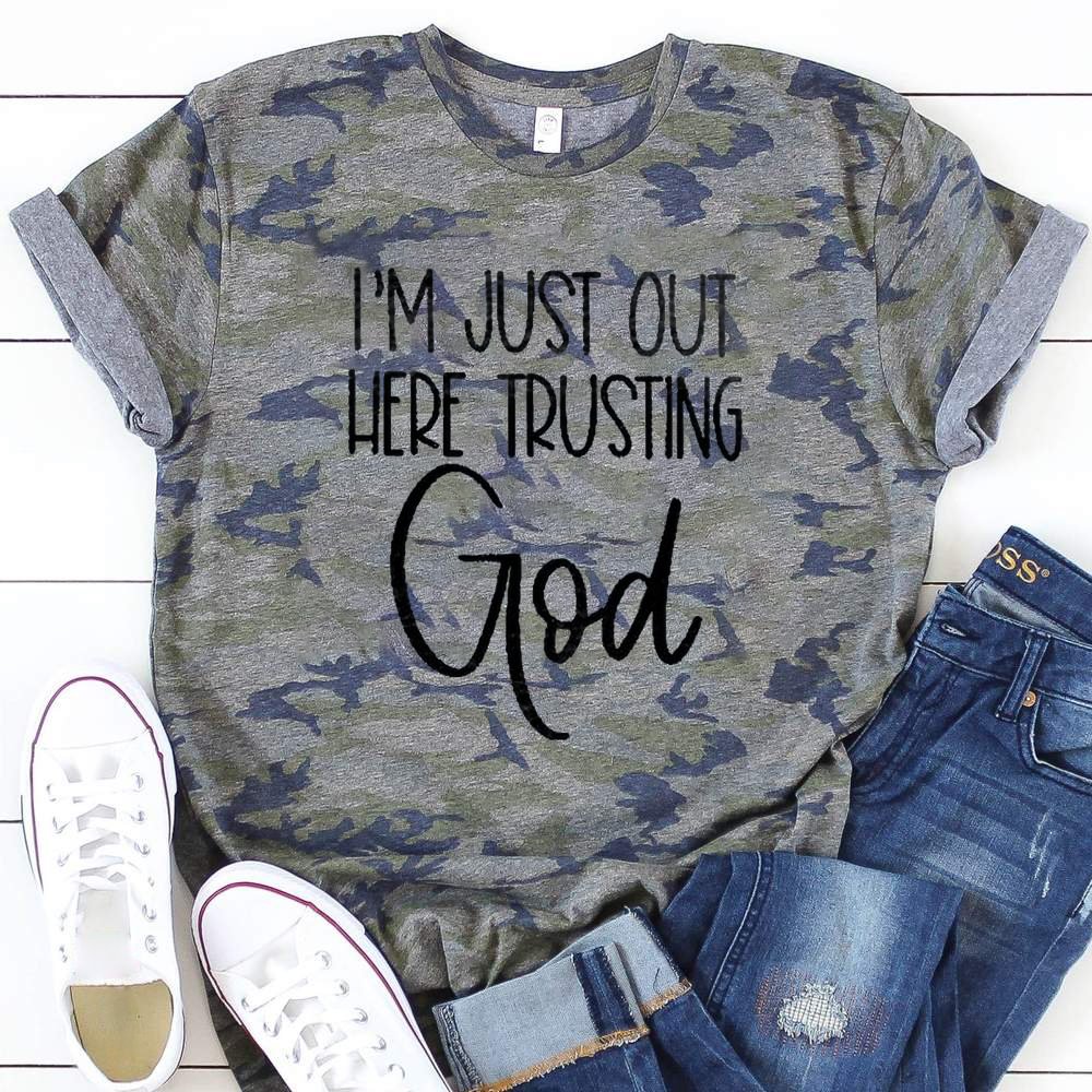 Trusting god camouflage print designer graphic tees