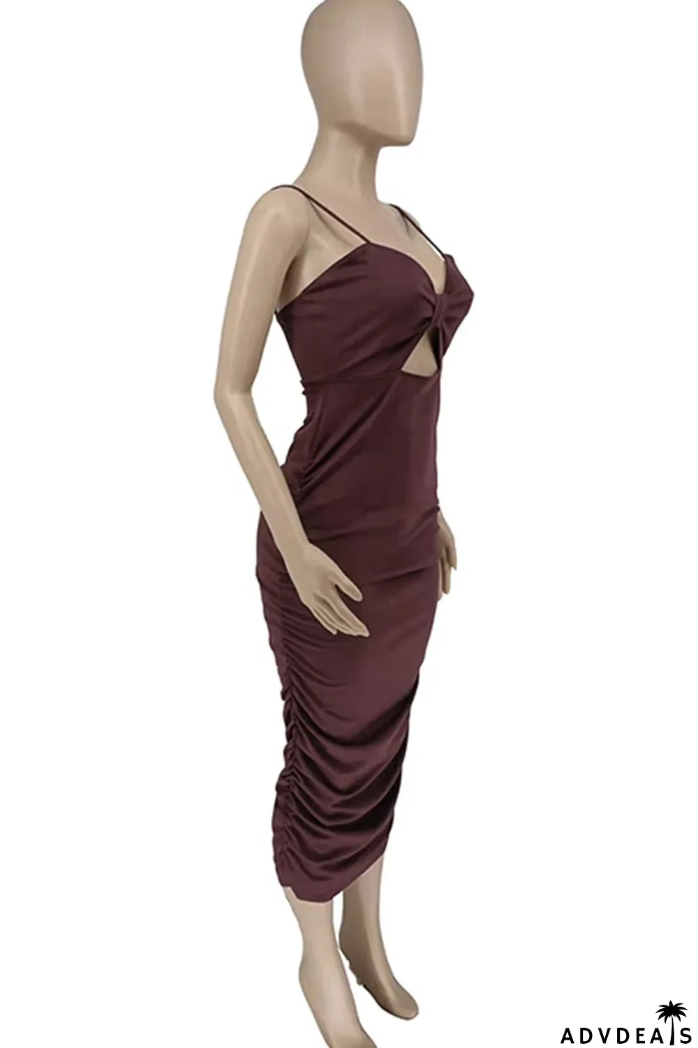 Coffee Sexy Solid Split Joint Spaghetti Strap Sling Dress Dresses