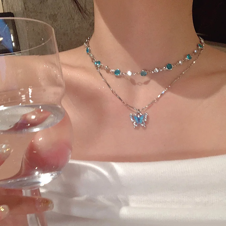 Double layer blue butterfly necklace