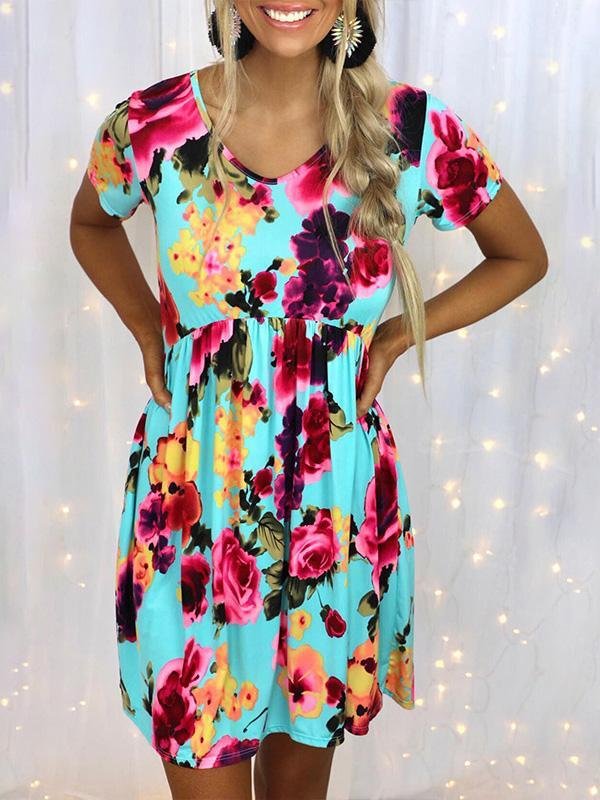 Women's Floral Printed V-neck Short Sleeve Mini Dress