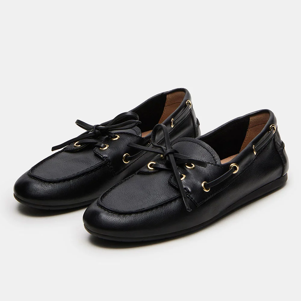 Classic Black Vegan Leather Round Toe Tie-Up Flat Women's Loafers