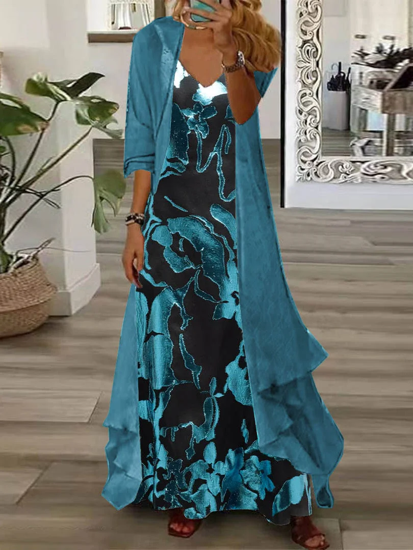 Women's Long Sleeve V-neck Floral Printed Two Pieces Maxi Dress