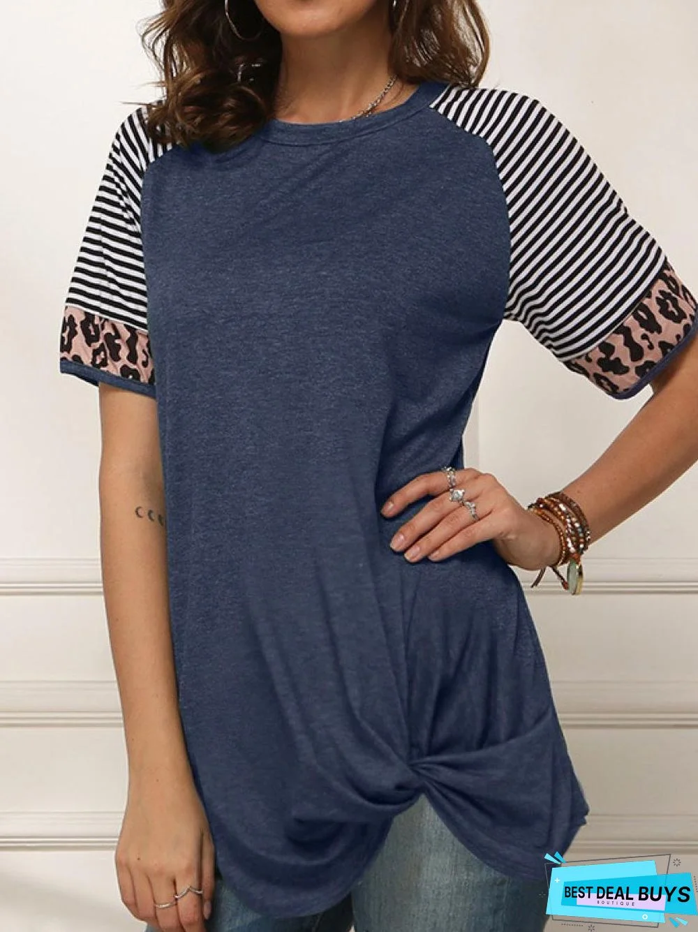 Striped Panel Crew Neck Short Sleeve T-Shirt