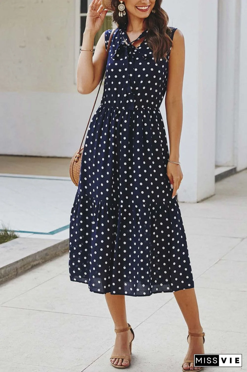 Polka Dot Tie Neck Sleeveless Dress