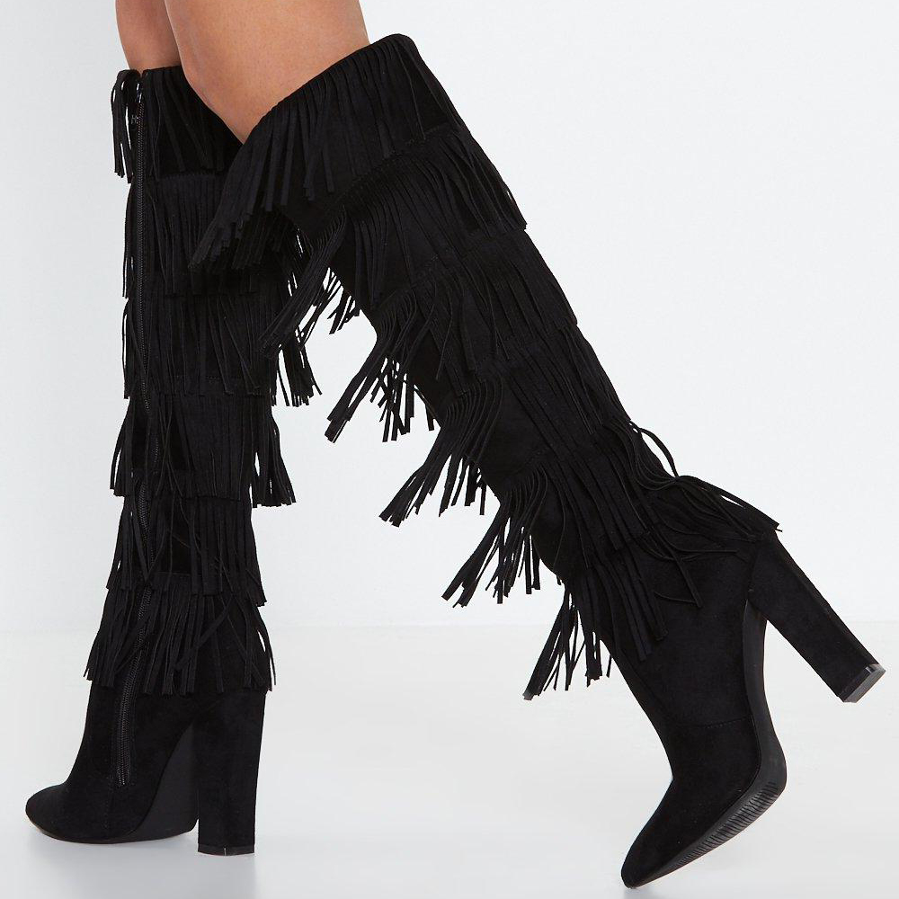 Black Faux Suede 6-Layers Fringe Knee-High Boots with Chunky Heels Nicepairs