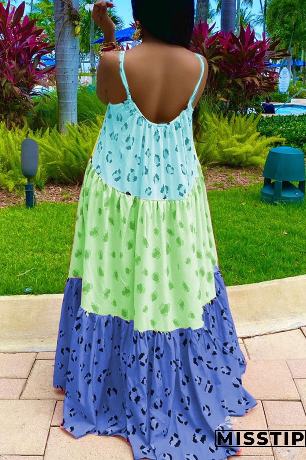 Blue Casual Sweet Print Patchwork Spaghetti Strap A Line Dresses