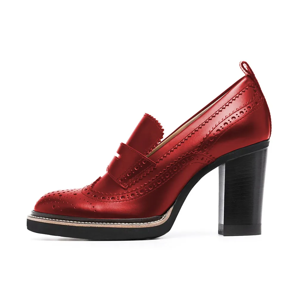 Red Vegan Leather Round Toe Oxford Style Chunky Heeled Loafers