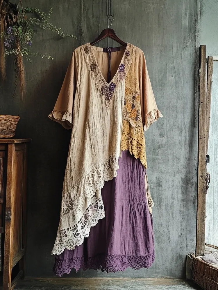 Vintage Lace Patchwork Clashing Color Women's Linen Long Dress