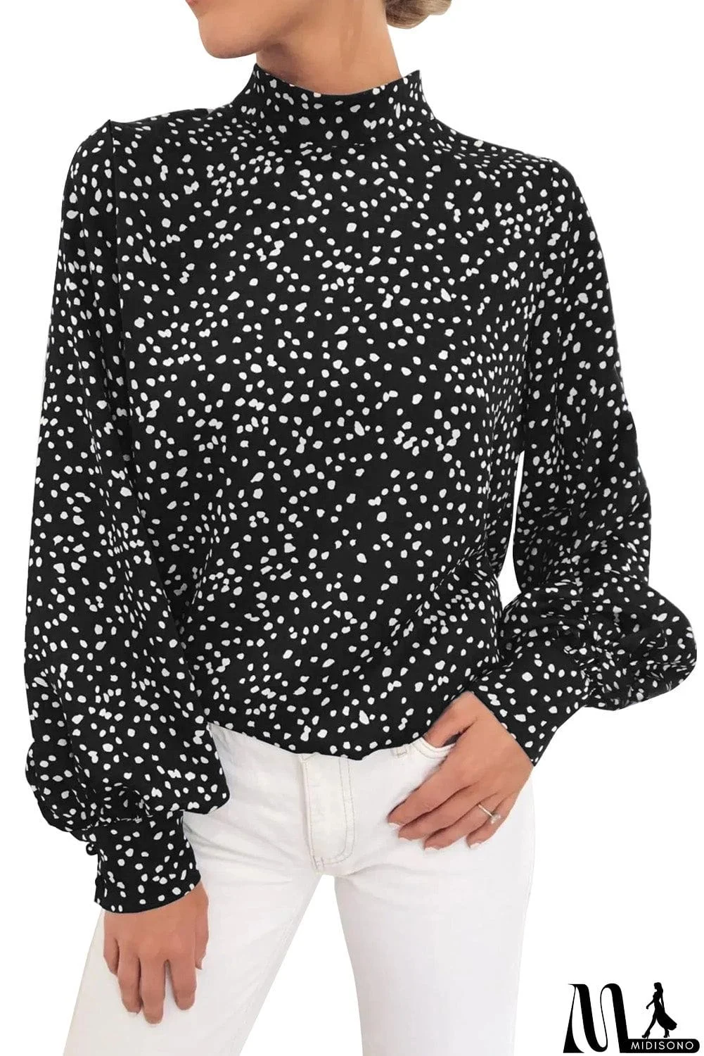 MidiSono - Mock Neck Lantern Sleeve Fashion Print Blouse