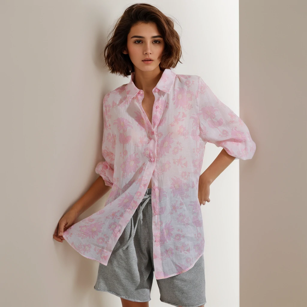 Chemise à manches longues imprimée rétro Ramie tempérament élégant- SOIE PLUS