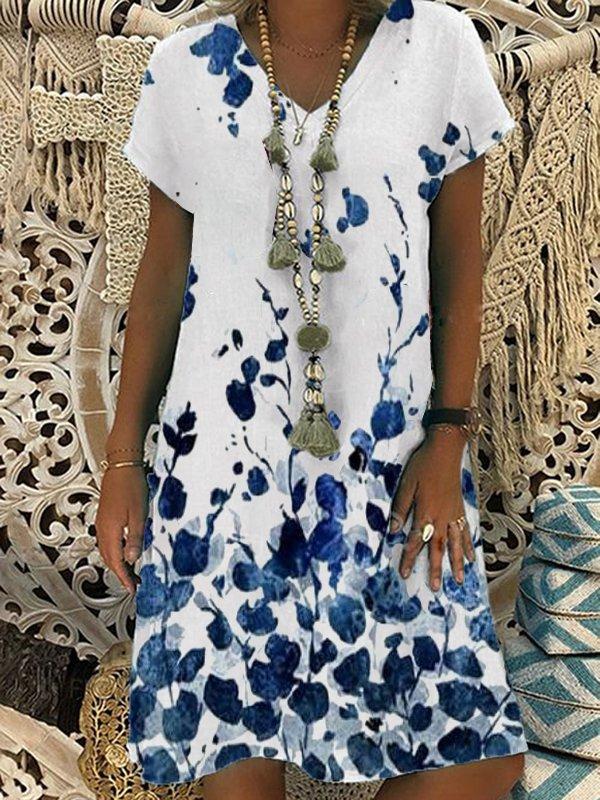 Women V Neck Short Sleeve Casual Cotton Blends Midi Dresses