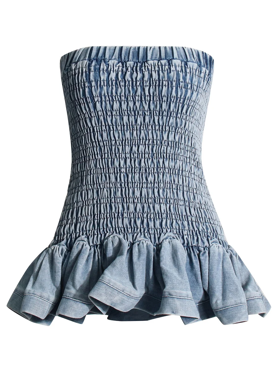 Athvotar Athvotar Hot Girl Wind 2024 Autumn New Wipe Breast Elastic Design Slim Denim Flounce Short Dress