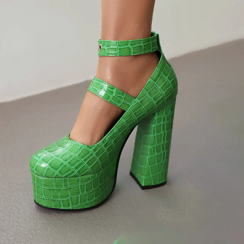 Green Vegan Leather Closed Toe Chunky Heel Ankle Strap Platform Pumps Nicepairs