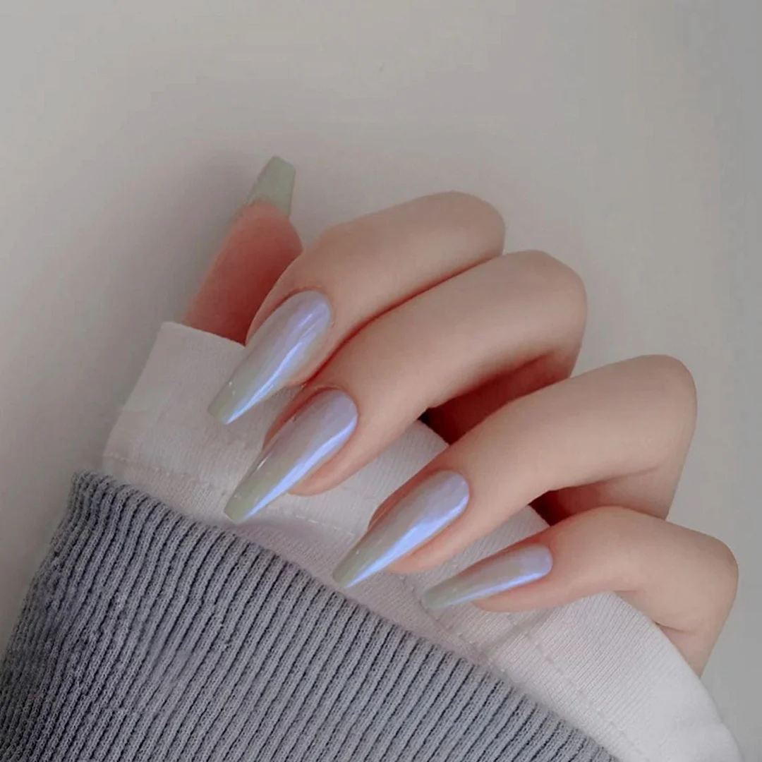 24pcs Glossy White False Nails Extra Long Ballerina Coffin Aurora Neon Purle UV Gel Glue On Fake Fingersnails Extention Tool-Nail Inspo