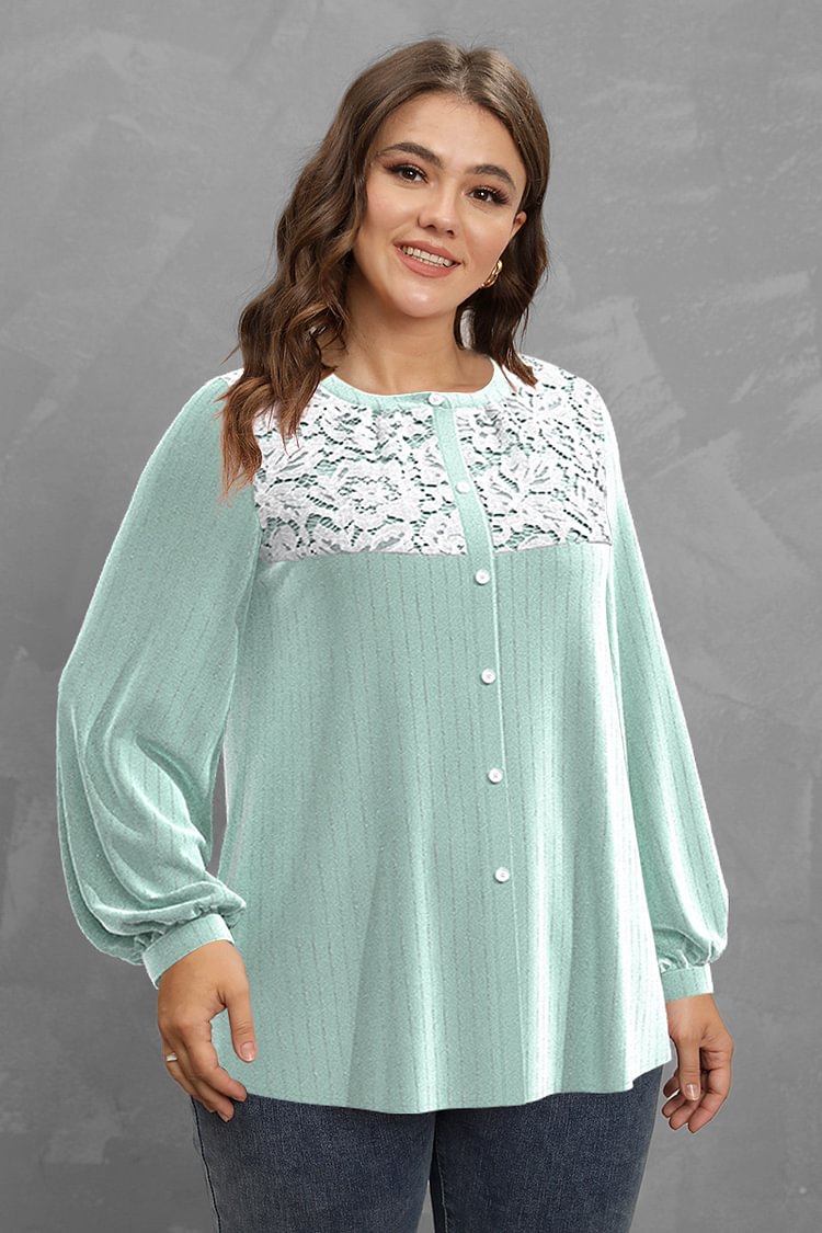 Flycurvy Plus Size Casual Green Lace Stitching Velvet Hot Stamping Lantern Sleeve Blouses  flycurvy [product_label]