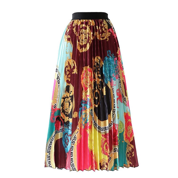 High Waist Vintage Print Pleated Skirt