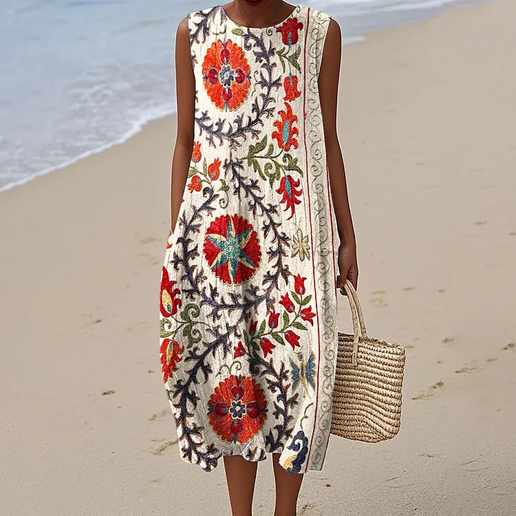 Ethnic Floral Suzani Embroidered Pattern Flowy Linen Midi Dress