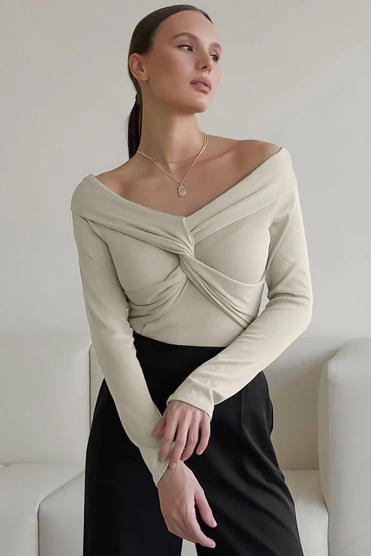 Pleated Knit Twisted V Neck Long Sleeve Slim Fit Top
